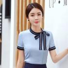 Contrast Trim Tie-neck Short-sleeve Shirt / High-waist Pencil Skirt