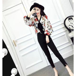 Set: Floral Printed Tie-neck Top + Skinny Pants