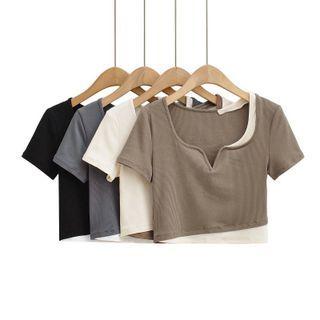 Short Sleeve V-neck Mock Two Piece Crop Top