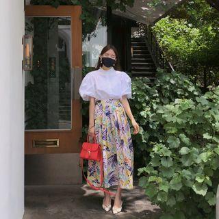 Band-waist Flared Long Floral Skirt Blue - One Size