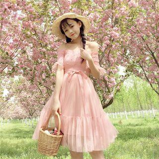 Short Sleeve Off-shoulder Mesh Panel Dress