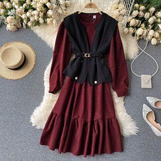 Set : Round-neck Puff-sleeve Plain Dress + Lace-up Strap Sleeveless Vest