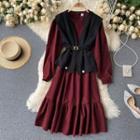 Set : Round-neck Puff-sleeve Plain Dress + Lace-up Strap Sleeveless Vest