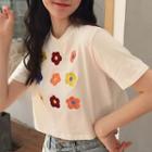 Flower Embroidered Short-sleeve Cropped T-shirt