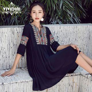 Elbow-sleeve Embroidered Mini Sundress