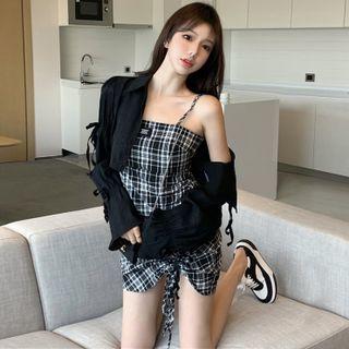 Cropped Shirt / Spaghetti Strap Plaid Dress