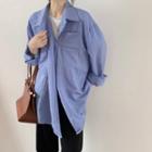Single-button Striped Long-sleeve Blouse Blue - One Size