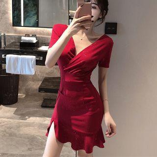 V-neck Short-sleeve Sequined Mini Sheath Dress