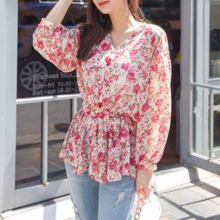 Plus Size Peplum Rose Chiffon Blouse With Sash
