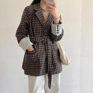 Belted Single-breasted Plaid Blazer