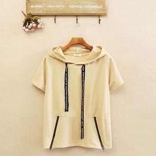 Lettering Drawstring Short Sleeve Hoodie