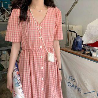 Short-sleeve Plaid Button-up Midi A-line Dress