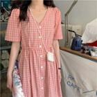 Short-sleeve Plaid Button-up Midi A-line Dress