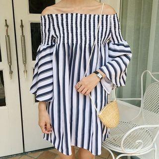 Off-shoulder Pinstripe Long-sleeve Dress