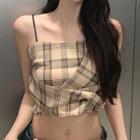 Shirred Plaid Crop Camisole Top Plaid - Almond - One Size