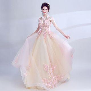 Cap-sleeve Applique Evening Gown