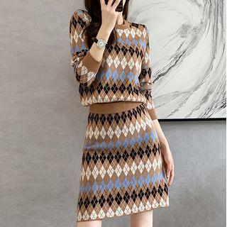 Set: Argyle Top + Argyle A-line Skirt Coffee - One Size