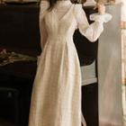 Set: Long-sleeve Lace Blouse + Tweed Pinafore Dress