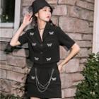 Set: Elbow-sleeve Butterfly Print Blazer + Mini A-line Skirt