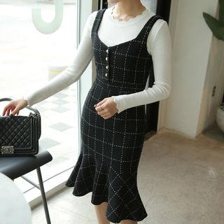 Ruffle-hem Checked Tweed Pinafore Dress