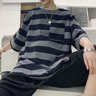 Elbow-sleeve Striped T-shirt Gray - One Size