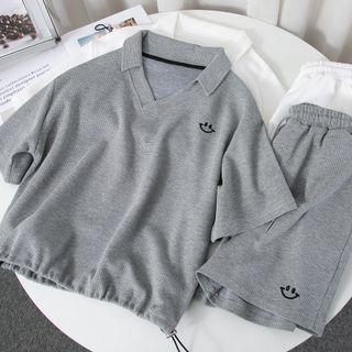 Set : Smiley Face Embroidered Short-sleeve Top + Shorts