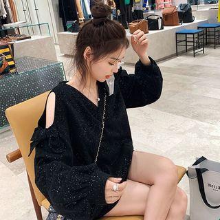 Glitter V-neck Cold-shoulder Pullover
