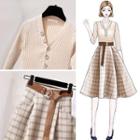 Set: Elbow-sleeve Button-detail Knit Top + Midi A-line Plaid Skirt