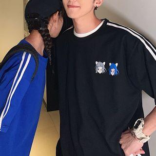 Couple Matching Elbow-sleeve Contrast Trim Cartoon T-shirt