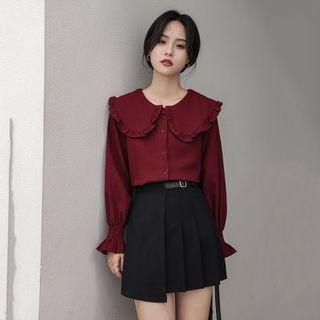 Peter Pan Collar Frill Trim Blouse / Asymmetrical Pleated Mini A-line Skirt