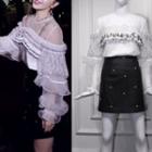 Long-sleeve Panel Lace Top/studded Skirt