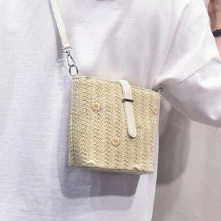 Flower Embroidered Straw Crossbody Bag