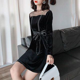 Long-sleeve Sheer Panel A-line Mini Velvet Dress