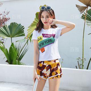 Set: Lettering Short-sleeve Rashguard + Printed Tankini Top + Swim Shorts