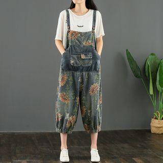 Floral Print Cropped Denim Dungaree Pants