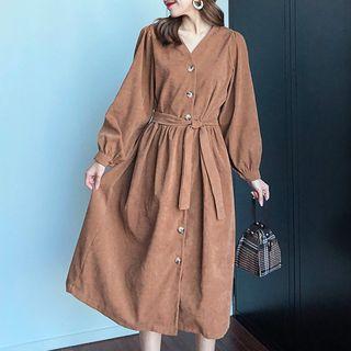 Long-sleeve Corduroy Button Midi A-line Dress