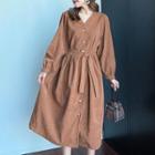 Long-sleeve Corduroy Button Midi A-line Dress