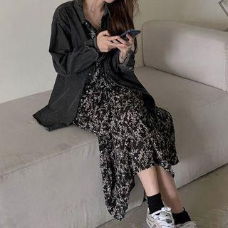 Set: Spaghetti Strap Floral Midi A-line Dress + Denim Jacket