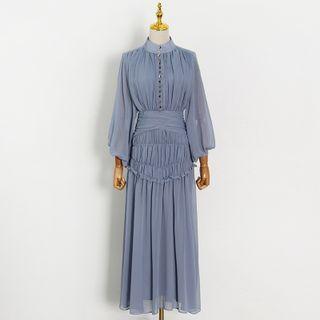 Stand Collar Plain Maxi A-line Dress