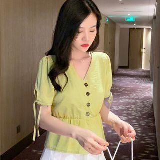 Short-sleeve V-neck Single-breasted Shirt