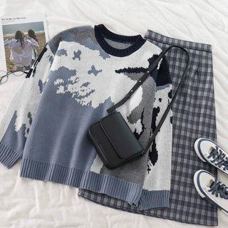 Color-block Sweater / Check Midi Skirt