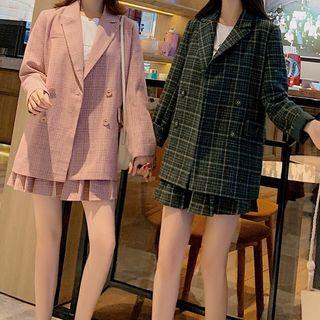 Set: Plaid Double-breasted Blazer + Pleated Mini A-line Skirt