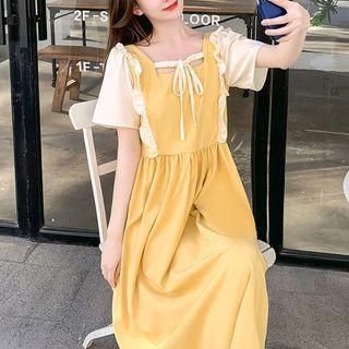 Ruffle Trim Square Neck Short- Sleeve Midi Dress
