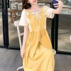 Ruffle Trim Square Neck Short- Sleeve Midi Dress