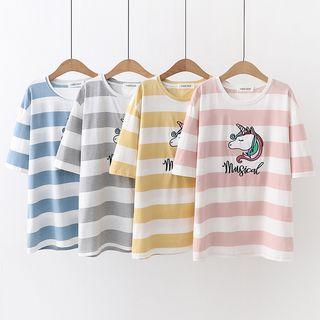 Short-sleeve Striped Unicorn Embroidered T-shirt