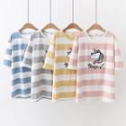 Short-sleeve Striped Unicorn Embroidered T-shirt