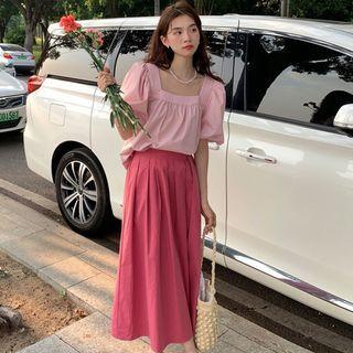 Puff-sleeve Square Neck Blouse / Midi A-line Skirt