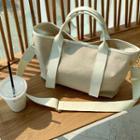 Pleather-piped Fabric Tote Light Beige - One Size