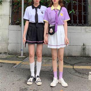 Flower Print Short-sleeve Polo Shirt With Tie / Pleated Skirt