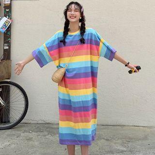 Elbow-sleeve Midi Striped T-shirt Dress